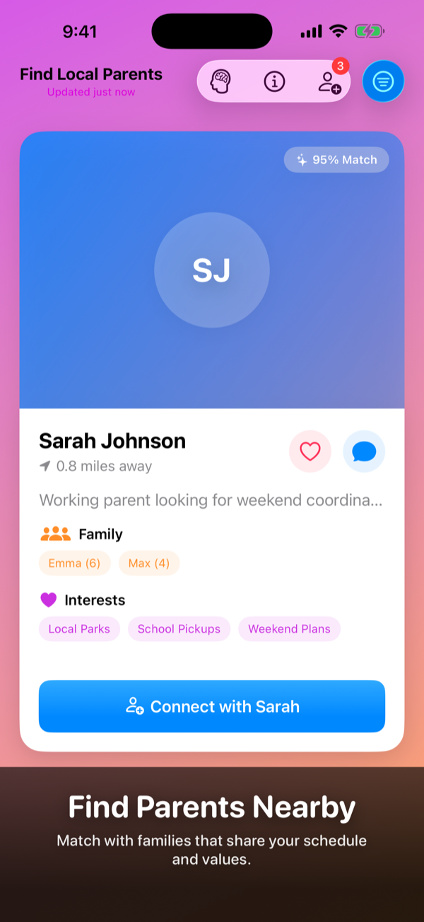 PlayDate Connect tab showing nearby parent profiles.