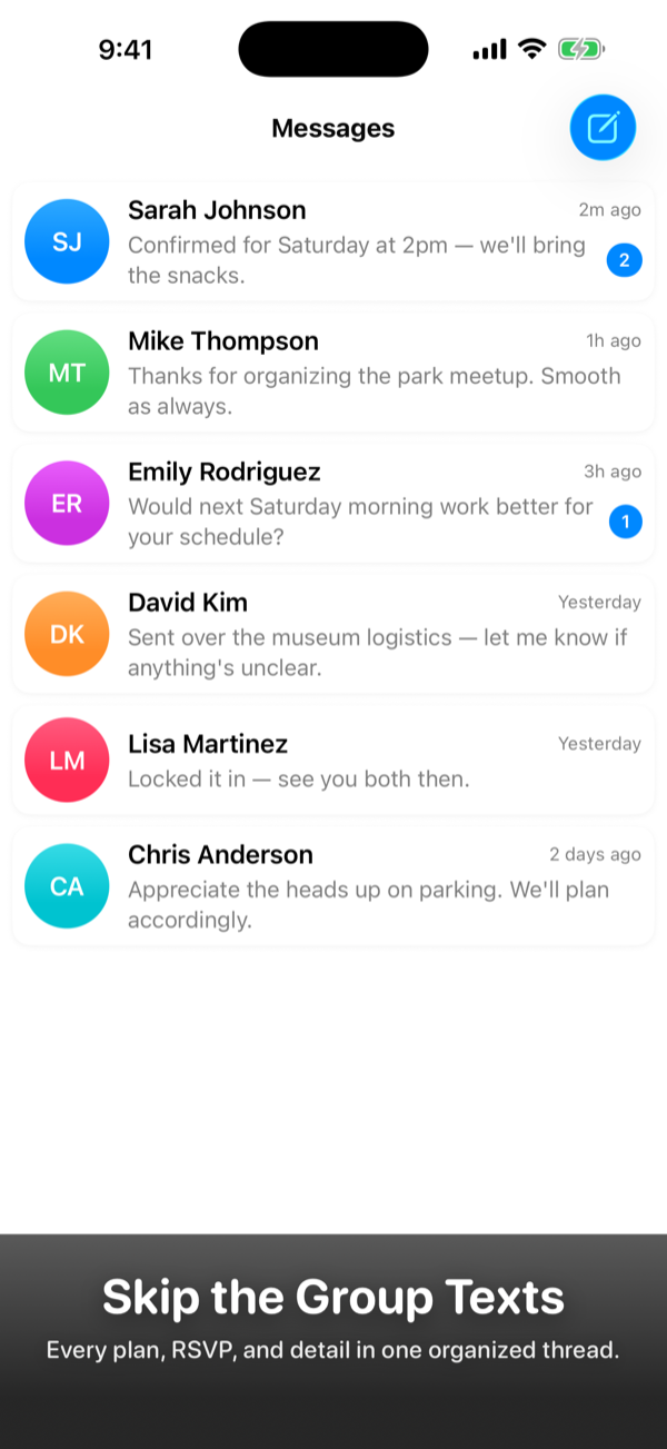 PlayDate messages list showing parent-to-parent threads.
