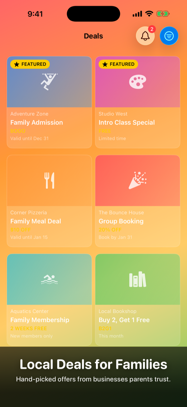 PlayDate deals tab showing local family-friendly business offers.