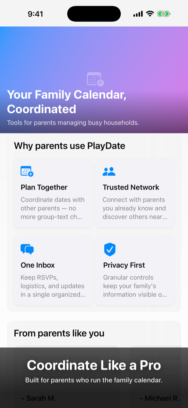 PlayDate home screen showing scheduled family activities.